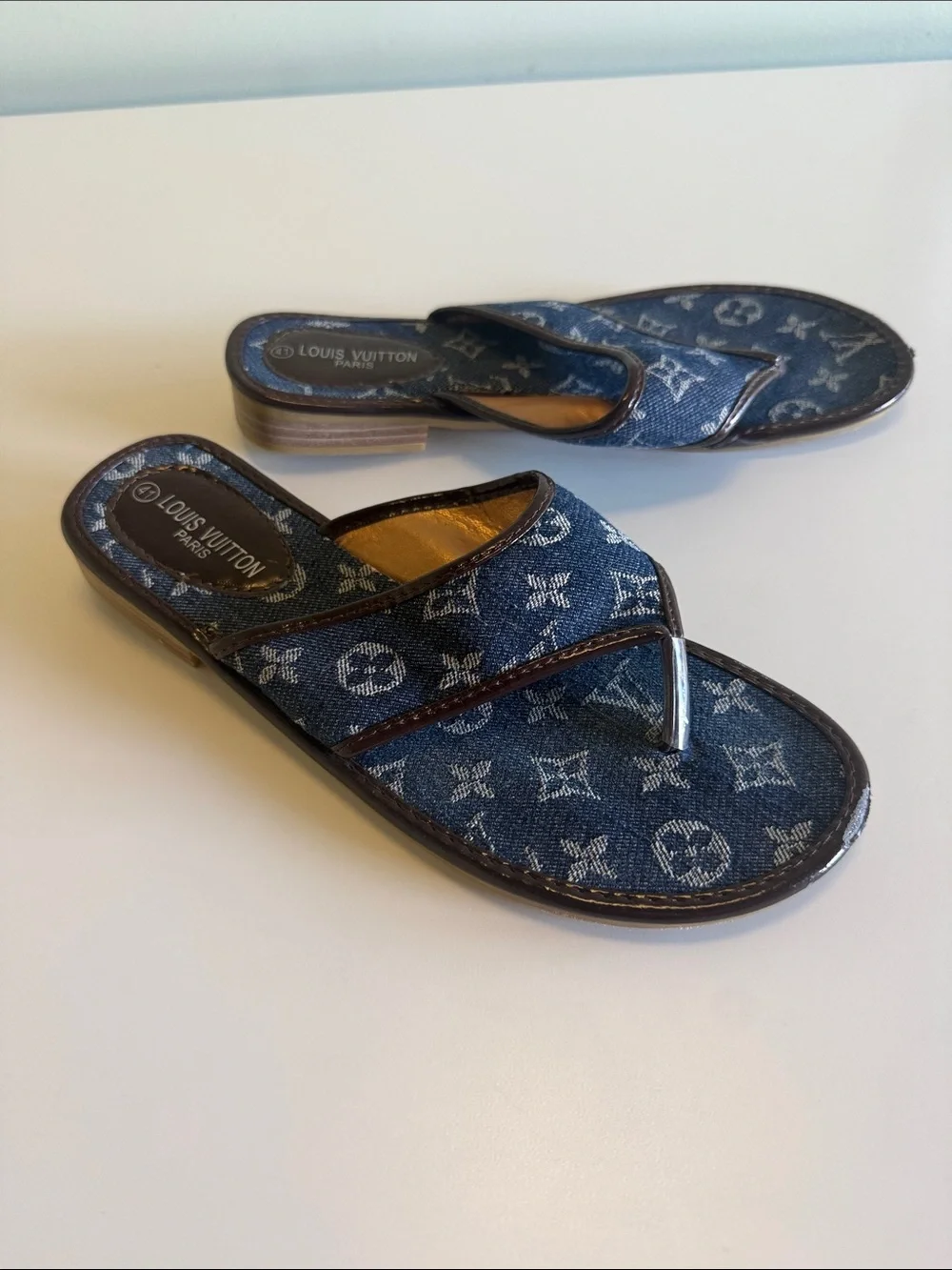 Louis Vuitton Denim Monogram Thong Sandals - Dark Blue & Brown Trim
